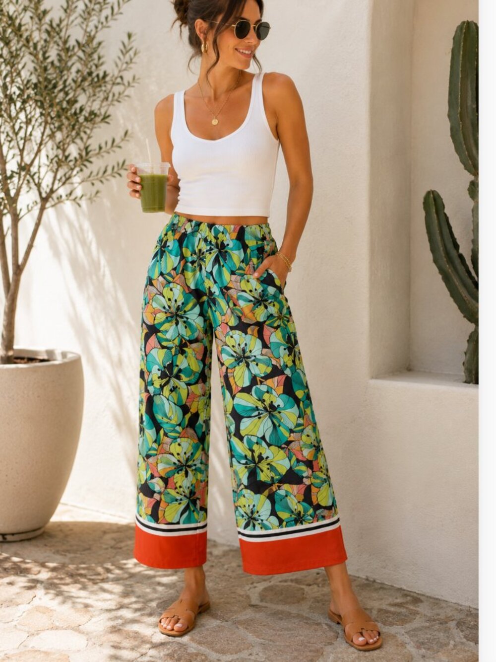 Zara Abstract Floral Palazzo Pants Small Green Orange Resort Wear - Small